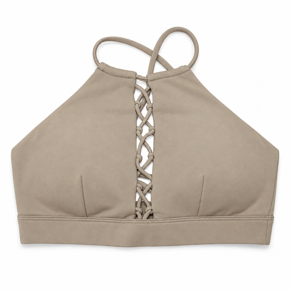 ALO Yoga Movement Sports Bra Gravel Lace-Up Back High Neck Taupe